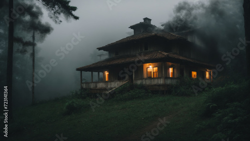 house in the woods. A cozy cabin nestled in the heart of the forest. A spooky haunted house fog