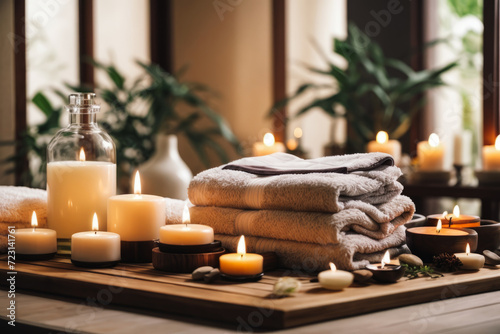 Serene Relaxation Haven. Empty background with a massage table adorned with towels, candles, and aromatherapy oils. Copy space for text. Spa retreat, wellness