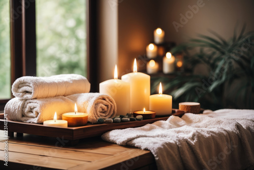 Serene Relaxation Haven. Empty background with a massage table adorned with towels, candles, and aromatherapy oils. Copy space for text. Spa retreat, wellness