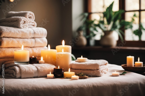 Serene Relaxation Haven. Empty background with a massage table adorned with towels, candles, and aromatherapy oils. Copy space for text. Spa retreat, wellness © Roman