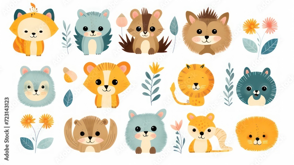 Cartoon style animal pattern illustration with a theme for kindergarten children, lions, cats, horses, foxes and botanical decorations on a white background. Cartoon style animal pattern illustration with a theme for kindergarten children, lions, cats, horses, foxes and botanical decorations on a white background.