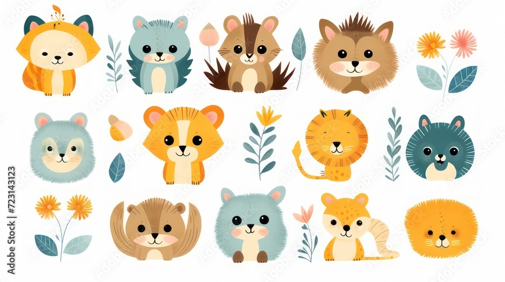 Cartoon style animal pattern illustration with a theme for kindergarten children, lions, cats, horses, foxes and botanical decorations on a white background.