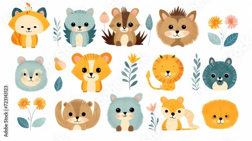 Cartoon style animal pattern illustration with a theme for kindergarten children  lions  cats  horses  foxes and botanical decorations on a white background.