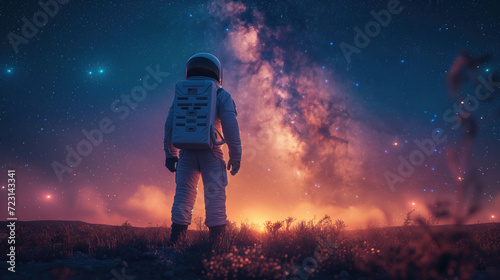 An astronaut in a white suit is looking at the Earth.