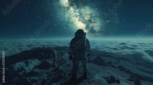 On a strange lunar landscape Astronaut the background of the vast sky filled with stars and the Milky Way 