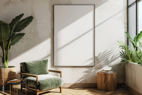 Frame mockup with ISO A paper size, showcasing a living room wall poster mockup against a modern interior design background, presented in a 3D render.
