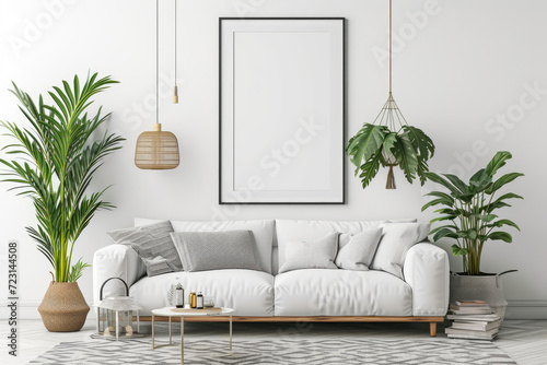 Frame mockup with ISO A paper size, showcasing a living room wall poster mockup against a modern interior design background, presented in a 3D render.