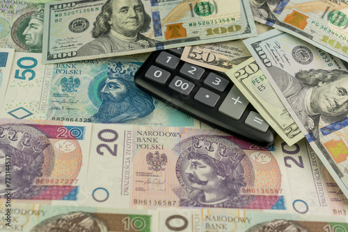 Wallpaper Mural Background made of Polish zloty banknotes, calculator and USD dollar banknotes Torontodigital.ca