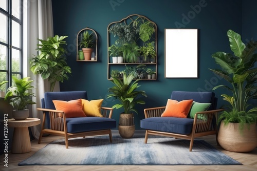 Retro armchairs with wooden frame and colorful pillows on a navy blue sofa in a vibrant living room interior with green plants © Dhiandra