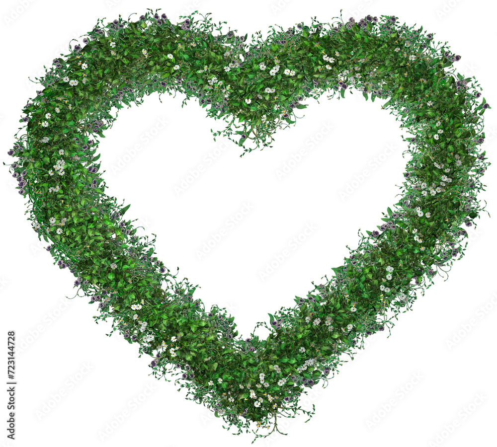 A spring floral heart-shaped wreath, featuring a lush blend of greenery and small white wildflowers. 3D illustration. A spring floral heart-shaped wreath, featuring a lush blend of greenery and small white wildflowers. 3D illustration.