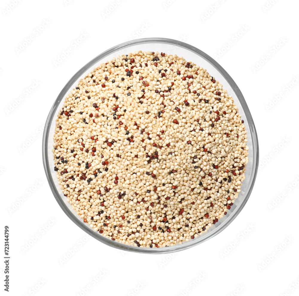 Raw quinoa seeds in bowl isolated on white, top view Raw quinoa seeds in bowl isolated on white, top view