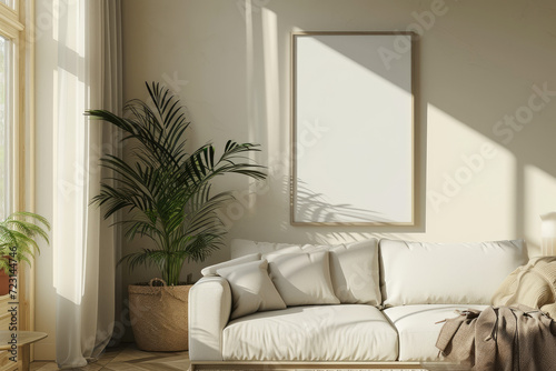 Frame mockup with ISO A paper size, showcasing a living room wall poster mockup against a modern interior design background, presented in a 3D render.