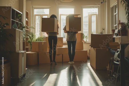 authentic candid photo of a young family or student roommates moving from one flat to another home, house or apartment: big paper boxes for moving, much sunlight photo