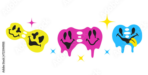 Collection Of Vibrant Vintage Smile Emojis Melting In Psychedelic Hues. Retro Cartoon Icons Exude Positive Vibes