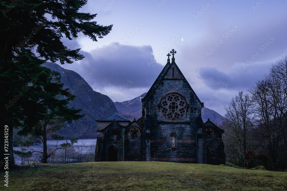 Fototapeta premium Saint Mary & Saint Finnan Church. Glenfinnan, Scotland. Januari 4 2024.