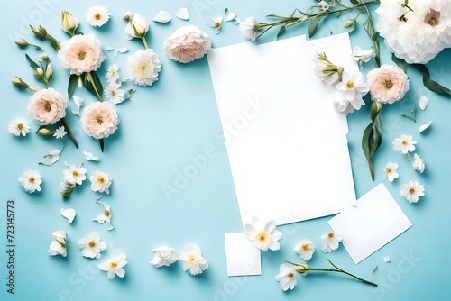 Wedding mockup with white paper list and flowers on blue pastel table top view. Beautiful floral pattern. Flat lay style. Spring Woman day card