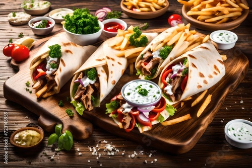 Skepasti: pork gyros with meat, tzatziki sauce, vegetables, cheese and french fries on wooden plate