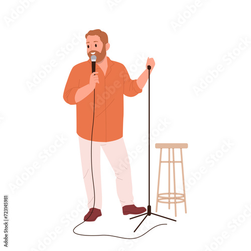 Man standuper cartoon character giving humor speech on stage performing with mic isolated on white