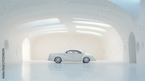 a classic car in a white void room, nothingness