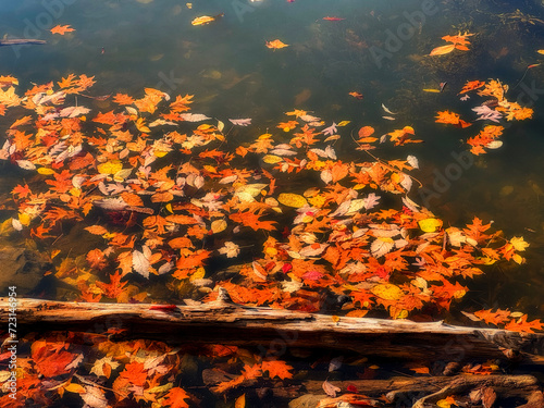 Colorful fall leaves laying in the water