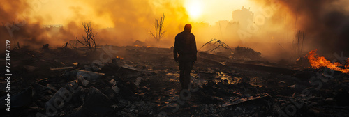 Solitary figure amid the ruins after a devastating fire, with smoke and embers under a dusky sky.  Earth Day banner. photo