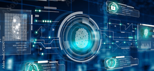 Fingerprint technology scan provides security access. Advanced technological verification future and cybernetic. Biometrics authentication and identity Concept. 3D Rendering. photo