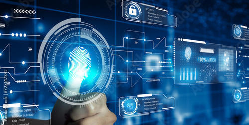 Businessman using Fingerprint technology scan provides security access. Advanced technological verification future and cybernetic. Biometrics authentication and identity Concept.