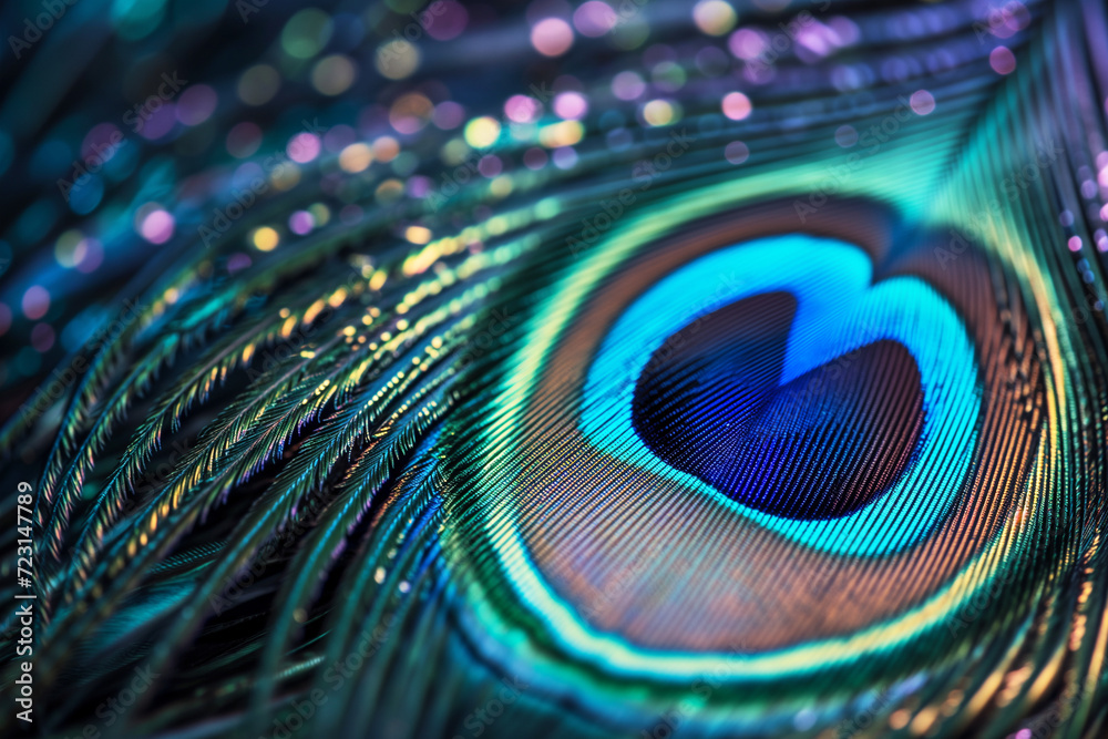 Naklejka premium Blue peacock feathers in closeup. Peacock feather side view closeup, macro. Abstract background. Selective focus. Extreme close up of a peacock tail feather showing details and markings in vibrant col