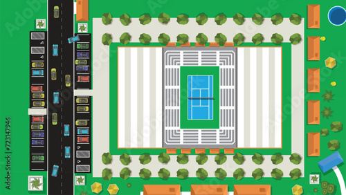 top view flat cartoon of car vehicle with city high and tall building and tennis court sport stadium