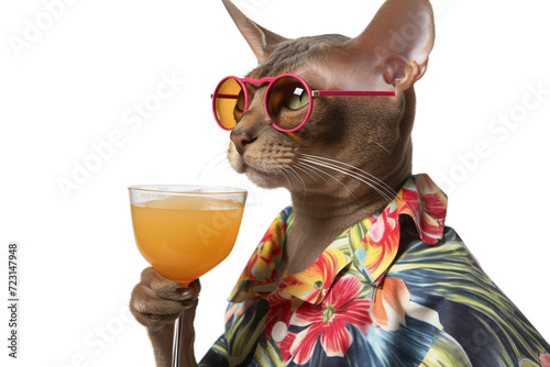Abyssinian Cat Wearing Cool Sunglasses and Cocktail Glass Isolated Transparent Background Adorable Pet Stylish Fashionable Drink Animal Photography
