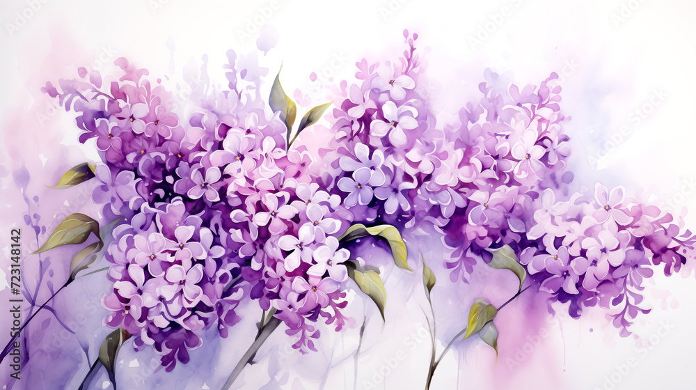 Spring color of lilac in the garden - Delicate watercolor painting. Spring color of lilac in the garden - Delicate watercolor painting.