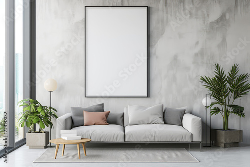 Frame mockup with ISO A paper size, showcasing a living room wall poster mockup against a modern interior design background, presented in a 3D render.