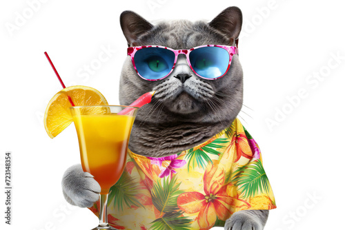 British Shorthair Cat Wearing Cool Sunglasses and Cocktail Glass Isolated Transparent Background Adorable Pet Stylish Fashionable Drink Animal Photography
