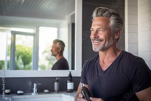 Mature man applying skincare products on his face at bathroom photo