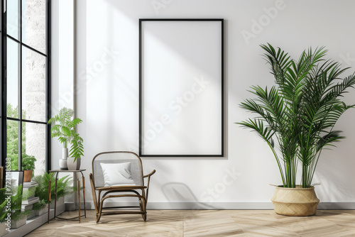 Frame mockup with ISO A paper size, showcasing a living room wall poster mockup against a modern interior design background, presented in a 3D render.