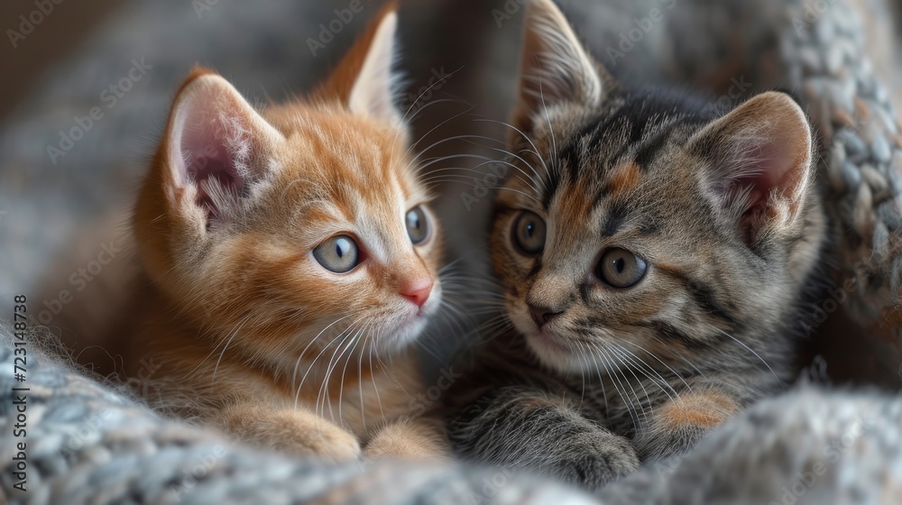 Playful Kittens, Adorable close-up of playful kittens engaged in cute interactions, conveying warmth and coziness