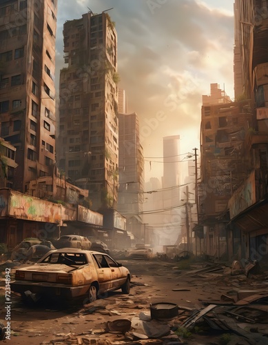 A digital artwork of a post-apocalyptic cityscape with ruined skyscrapers and graffiti-covered stre