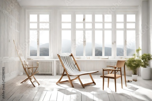 White room with deckchair, wooden desk, chair and window wall