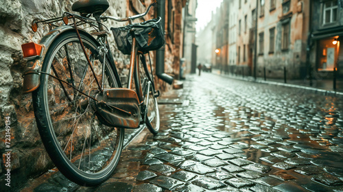 A bicycle leaning on a wall on a wet cobbled street in a romantic old city photo