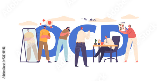 OCD Concept Banner. Characters Experience Persistent, Intrusive Thoughts And Engage In Repetitive Behaviors and Rituals