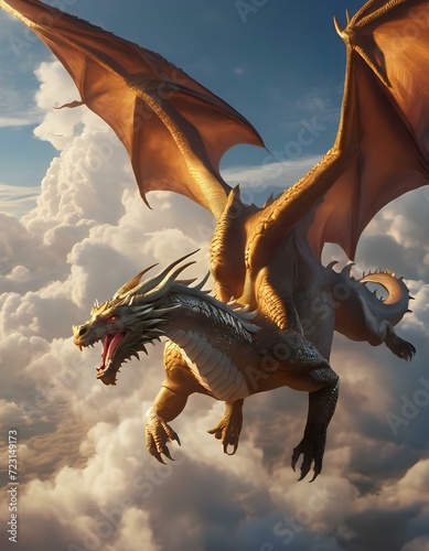An illustration of a mythical dragon rider soaring through the clouds on the back of a majestic dra © Majella