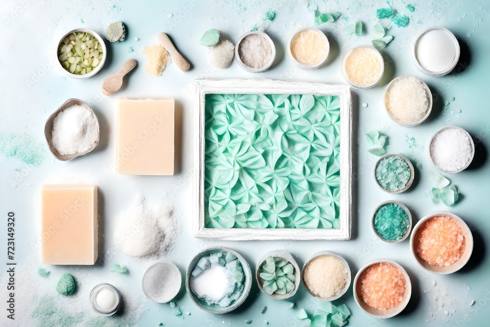Bright handmade soap bars and sea salt with white metal frame. Flat lay composition with cosmetic products for bathroom, spa, beauty cosmetic and body care treatment with copy space for your text. Bright handmade soap bars and sea salt with white metal frame. Flat lay composition with cosmetic products for bathroom, spa, beauty cosmetic and body care treatment with copy space for your text.