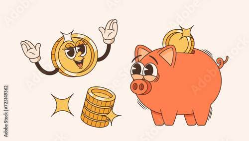 Retro Cartoon Groovy Piggy Bank Flaunts Psychedelic Chill Demeanor. Dollar Coin Character Is A Shiny, Animated Currency