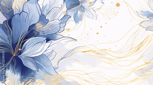 Blue Floral Illustration with Golden Accents and Abstract Waves