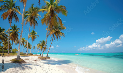 Beautiful tranquil empty bright white paradise sand beach,  palm trees, and  turquoise water in Zanzibar © STORYTELLER