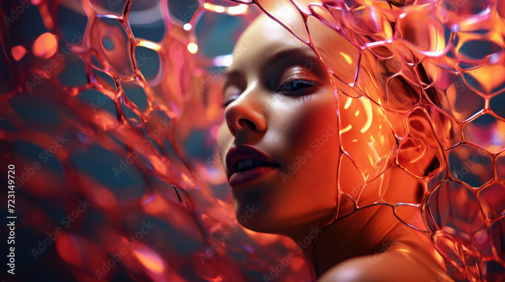 Fashionable female portrait with wave face cover highlights in neon light, posing for the camera. Woman has bright makeup. Fashionable female portrait with wave face cover highlights in neon light, posing for the camera. Woman has bright makeup.