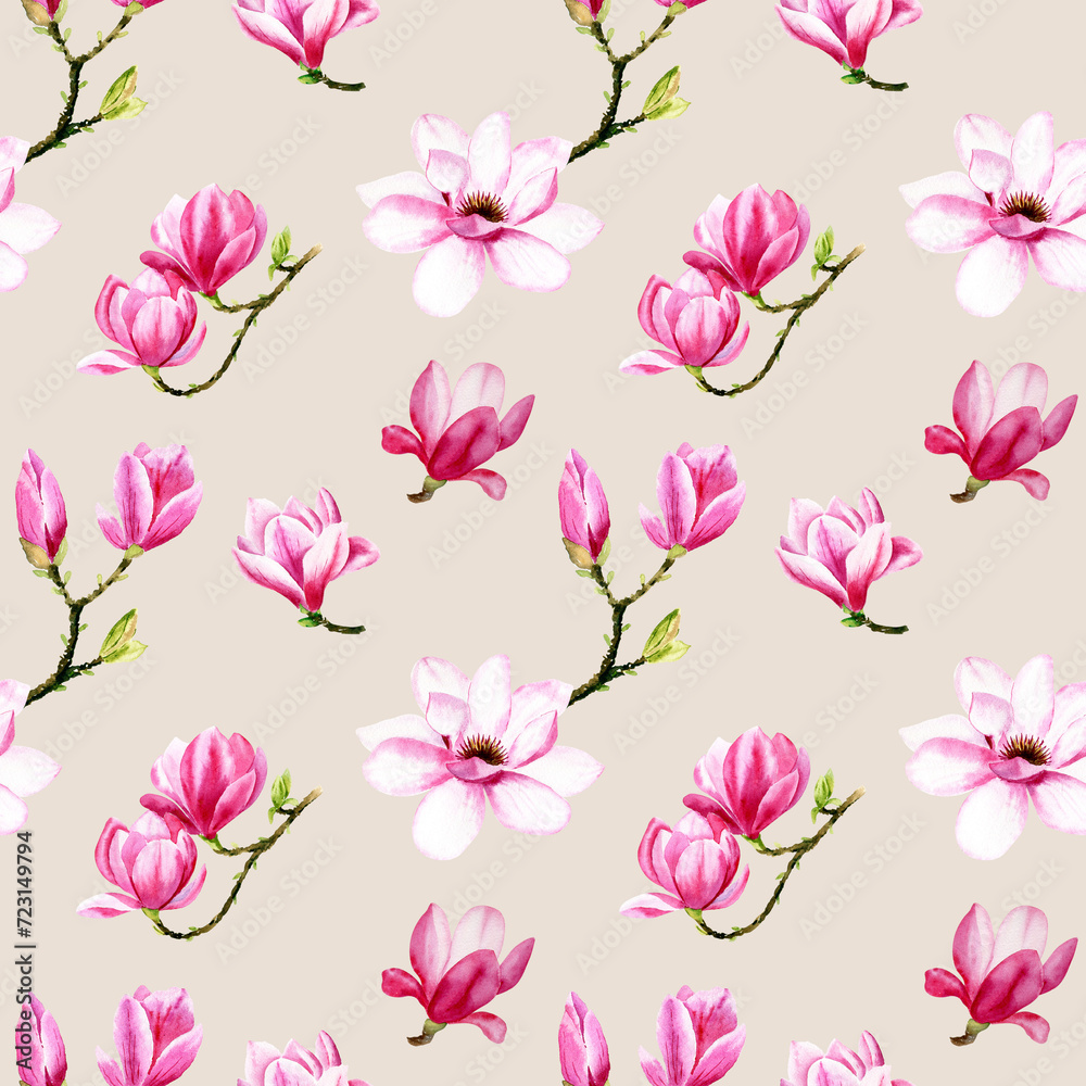 Watercolor magnolia flowers hand drawn seamless pattern.