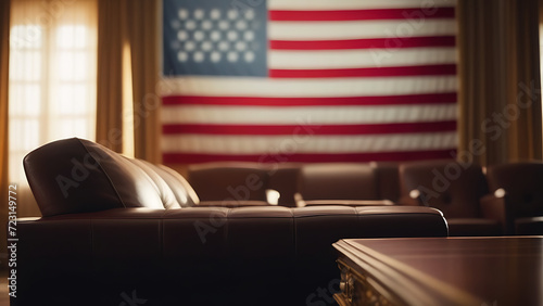 Civil servant's office, leather chairs, American flag on background. Cabinet in government or businessman, copy space, July 4, independence day, government, usa flag