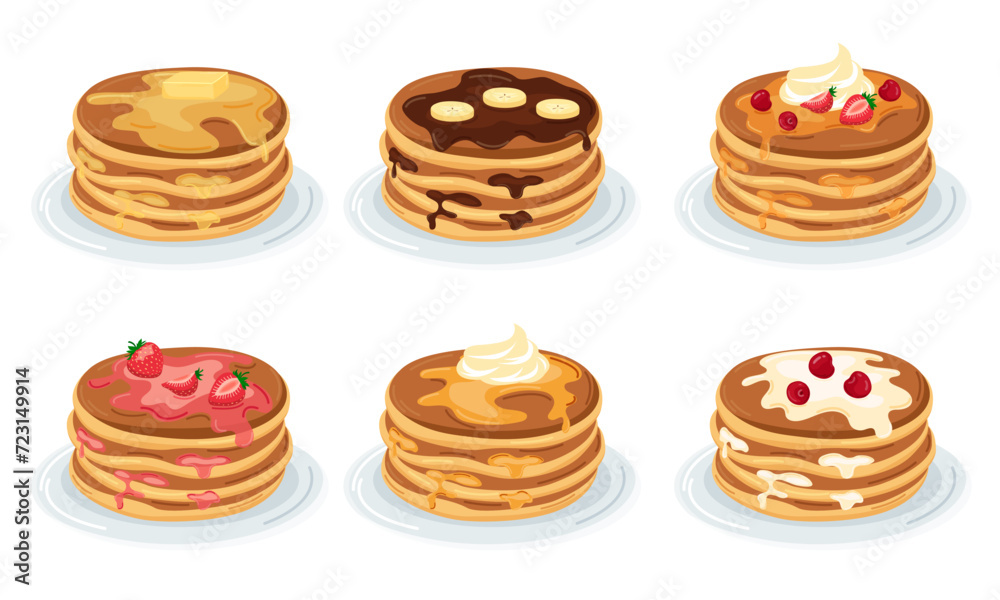 Vector illustration of stacks of pancakes with custard, melted butter, chocolate, maple syrup, strawberry jam with fruit and whipped cream. Concept for breakfast, food, dessert, baking. Vector illustration of stacks of pancakes with custard, melted butter, chocolate, maple syrup, strawberry jam with fruit and whipped cream. Concept for breakfast, food, dessert, baking.
