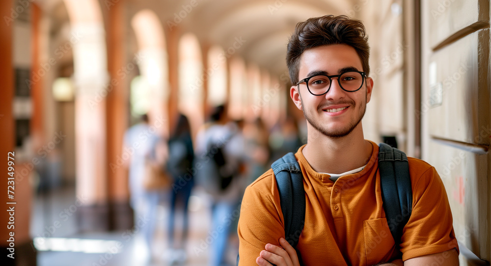 Fototapeta premium Student with backpack near college and looking at camera.